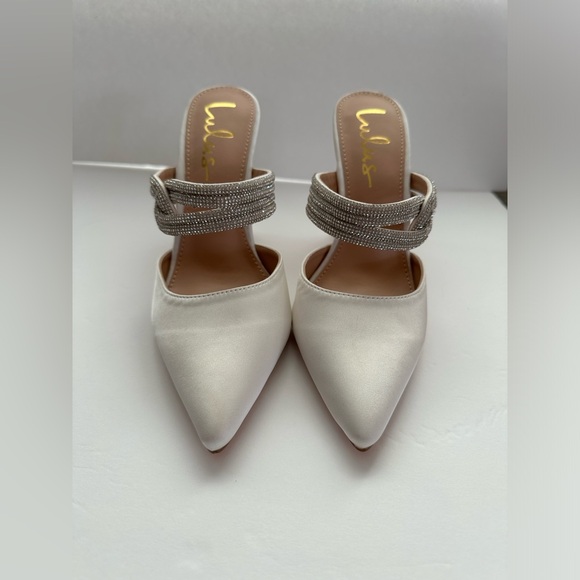 Lulu’s Celines White Satin Rhinestone Pointed-Toe Mule Pumps Size 7 - Picture 3 of 9